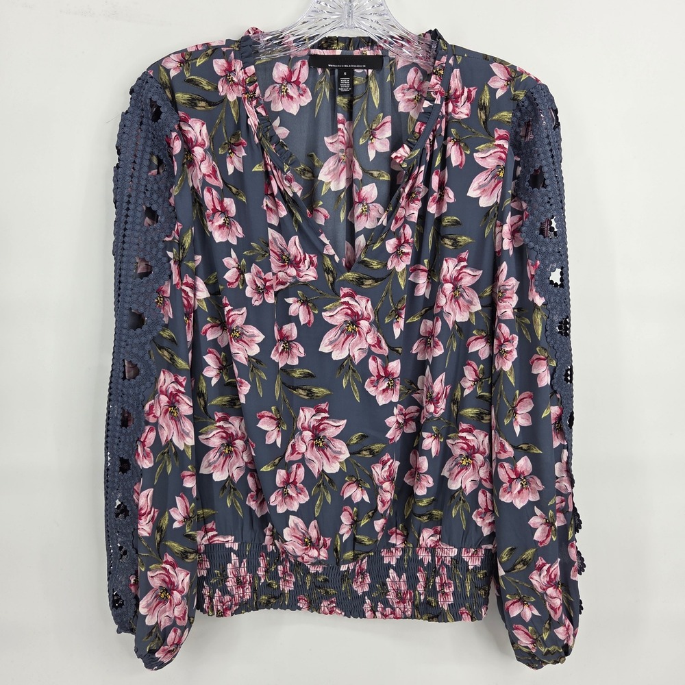 White House Black Market Blouse S Blue Pink Floral Boho Crochet Lace Smocked Hem
